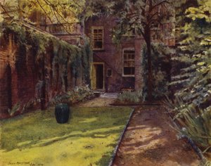 Carlyle House, utsikt över trädgården och huset (färg litho) av Jessie MacGregor