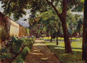 Hogarth House, utsikt över hus och trädgård (färg litho)
