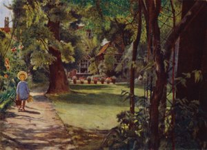 Kelmscott House, The Garden, tittar från floden (färg litho)