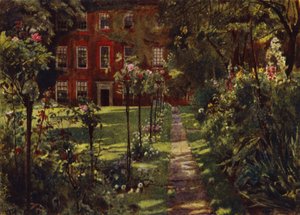 Walpole House, utsikt över hus och trädgård (färg litho)