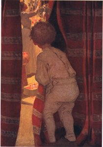 Han smög ner för att ta en titt i salongen (färg litho) av Jessie Willcox Smith