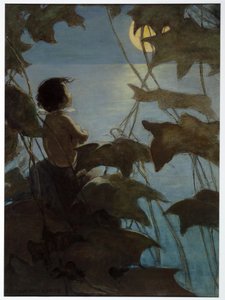Han tittade upp på den breda gula månen och trodde att hon tittade på honom, från The Water Babies av Charles Kingsley, pub. 1916 (lito i färg) av Jessie Willcox Smith