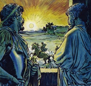 Alexander kunde rida på Bucephalus, en eldsprutande springare (färglitografi)