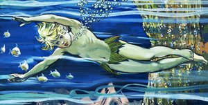 Boy Swimming, illustration från "The Water Babies" av Charles Kingsley (gouache på papper)