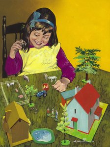 Flicka med leksaksbondgård (gouache på papper)