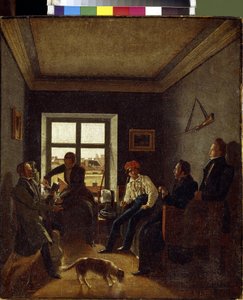 Klockan sju på kvällen (litterär kväll). Målning av Evgraf Fyodorovich Krendovski (1810-efter 1853), olja på duk, cirka 1820. Rysk konst av Jevgraf Fiodorovitch Krendovsky