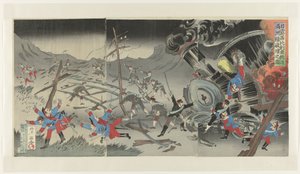 Förstörelse av järnvägen i Manchuriet under det rysk-japanska kriget Nichiro Shiberia tetsudô Manshûsen hakai no zu (titel på objekt) av Jinsai Rosetsu