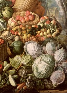 Detalj av stilleben med frukt, grönsaker och en marknadskvinna, 1564 (olja på (se 247452 och 247450)