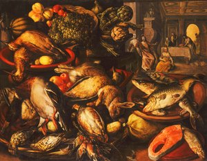 Vilt, fisk, frukt och grönsaker i korgar och skålar i ett skafferi, 1569 av Joachim Beuckelaer