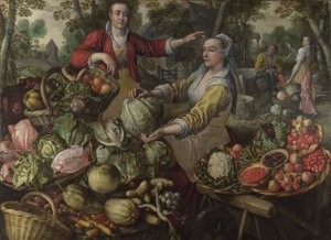 De fyra elementen: Jorden. En frukt- och grönsaksmarknad med flyget till Egypten i bakgrunden - av Beuckelaer (Beuckelaer), Joachim (1533-1574) - 1569 National Gallery, London av Joachim Beuckelaer
