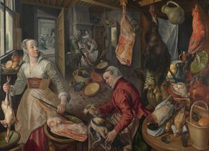De fyra elementen: eld. En köksscen med Kristus i Marthas och Marias hus i bakgrunden - av Beuckelaer (Beuckelaer), Joachim (1533-1574) - 1569 National Gallery, London