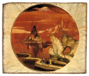 Sodom och Gomorra i brand (olja på panel)