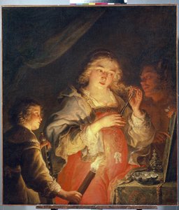 Allegori om fåfänga. En ung kvinna med blont hår klipper ett hårlock med en sax framför en spegel som hålls av en man, ett barn tänder henne med en ficklampa. Målning av Joachim von Sandrart (1606-1688), idag