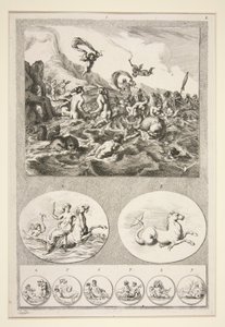 Övre halvan: Nereids Sporting Nedre halvan: Två reliefer och sex mynt av Joachim von Sandrart