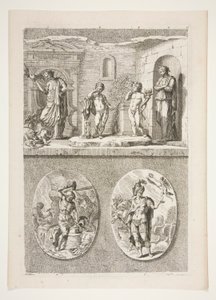 övre halvan: Fyra antika statyer nedre halvan: Forge of Vulcan och A Victorious Roman General av Joachim von Sandrart