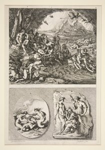 övre halvan: Quos Ego? nedre halvan: Två antika reliefer: De tre öden och ett okänt ämne av Joachim von Sandrart