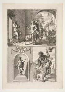 Topphalva: Okänd religiös subjektsbottenhalva: En staty av en putto i en nisch och en staty av en faun i ett landskap av Joachim von Sandrart