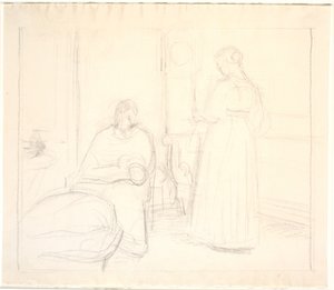 Interiör med klocka och sittande och stående kvinna av Joakim Frederik Skovgaard
