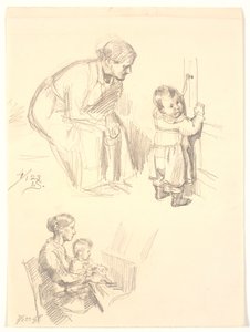 Två figurstudier. Ovanför en sittande kvinna som tittar på ett barn vid en dörr; nedanför en kvinna med en banderoll vid pianot av Joakim Frederik Skovgaard