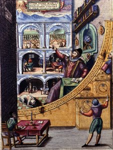 Danske astronomen Tycho Brahe (1546 - 1601) i sitt observatorium i Uranienburg - färgstick av Atlas Major Ssive och kosmograferad Blavania labores och sumptibus av Johannis Blaev