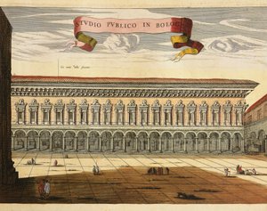 Italien, Bologna, Vy över den offentliga studien (Studio Pubblico) år 1600, gravyr från Theatrum Civitatum et Admirandorum Italiae av Jean Blaeu, Amsterdam av Joan Blaeu