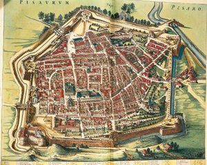 Italien, karta över Pesaro, från teatern i staden och Italiens under av Joan Blaeu, gravyr
