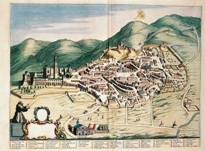 Karta över Assisi från Theatrum civitatum et admirandorum Italiae, av Joan Blaeu, gravyr av Joan Blaeu