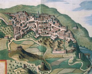 Karta över Narni, från Theatrum civitatum et admirandorum Italiae av Joan Blaeu, gravyr av Joan Blaeu