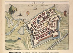 Karta över Nettuno, från Theatrum civitatum et admirandorum Italiae, av Joan Blaeu, gravyr av Joan Blaeu