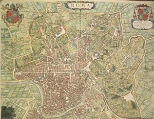 Karta över Rom, gravyr från Theatrum civitatum et admirandorum Italiae av Joan Blaeu, tryckt i Italien av Joan Blaeu