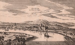 Perspektivvy av Ostia stad och hamn, Lazio, Italien, koppargravyr, ca 278x173 cm av Joan Blaeu
