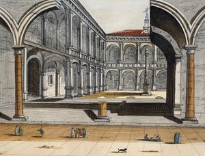 Vy över innergården i det gamla universitetet i Bologna, Joan Blaeu, gravyr, Italien av Joan Blaeu