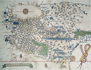 Karta över Asien, inklusive Armenien, Iran, Afghanistan, med vindros, detaljer om hamnar, kuster och sjövägar, i Atlas de Joan Martines