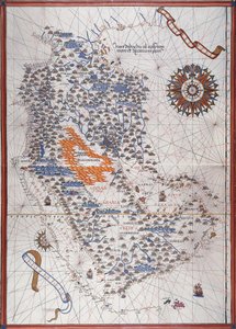 Karta över den arabiska halvön, med vindros och detaljer om hamnar och havskuster, i Atlas de Joan Martines