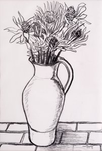 Brun kanna med torkade blommor, 2000, grafit av Joan Thewsey