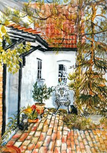 Carolines Cottage - det gamla postkontoret, (gouache) av Joan Thewsey