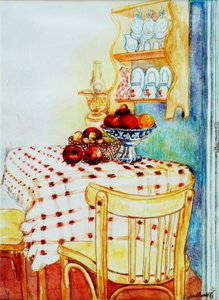 Stuga köksbord med äpplen, 2005,(akvarell) av Joan Thewsey