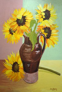 Fem solrosor i en lång brun kanna, 2007 (gouache)