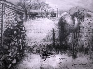 Häst vilar på benet, 2000, (bläck på vått ingrespapper) av Joan Thewsey