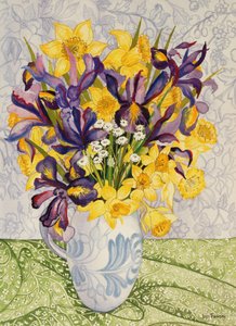 Iris och påskliljor med mönstrade textilier, 2008, akvarell på handgjort papper av Joan Thewsey