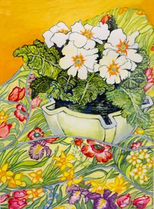 Blek Primrose i kruka med vårblommiga textil, 2000