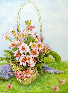 Rosa primörer i en floristkorg med en Paisleyhalsduk, 2010, akvarell av Joan Thewsey