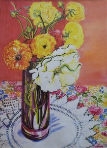 Ranunculus på en spetsduk, av Joan Thewsey