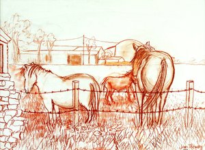 Serenade, Janie and a Donkey in the Meadow, 2000, (Terracotta Conte`) av Joan Thewsey