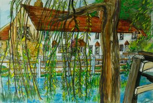 The Pond at Hedgerley (penna och bläck med gouache på papper) av Joan Thewsey