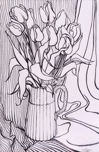 Tulpaner mot en randig duk, 2000, grafit av Joan Thewsey