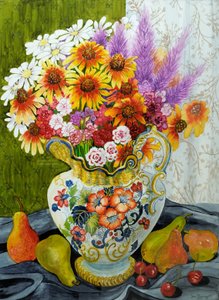 Viktoriansk kanna med blandade blommor, päron och körsbär, 2010, gouache
