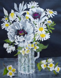 Vita vallmo, Marguerites och Philadelphus, (gouache) av Joan Thewsey