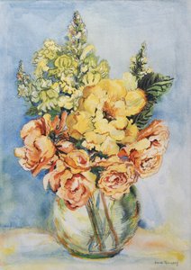 Yellow Roses and Antirrhinums, 2001, (wc på handgjort papper) av Joan Thewsey