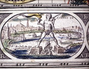 Representation av antikens sju underverk: Kolossen på Rhodos. i Janssons atlas Jannsonius tryckt i Amsterdam 1630. Privat samling.